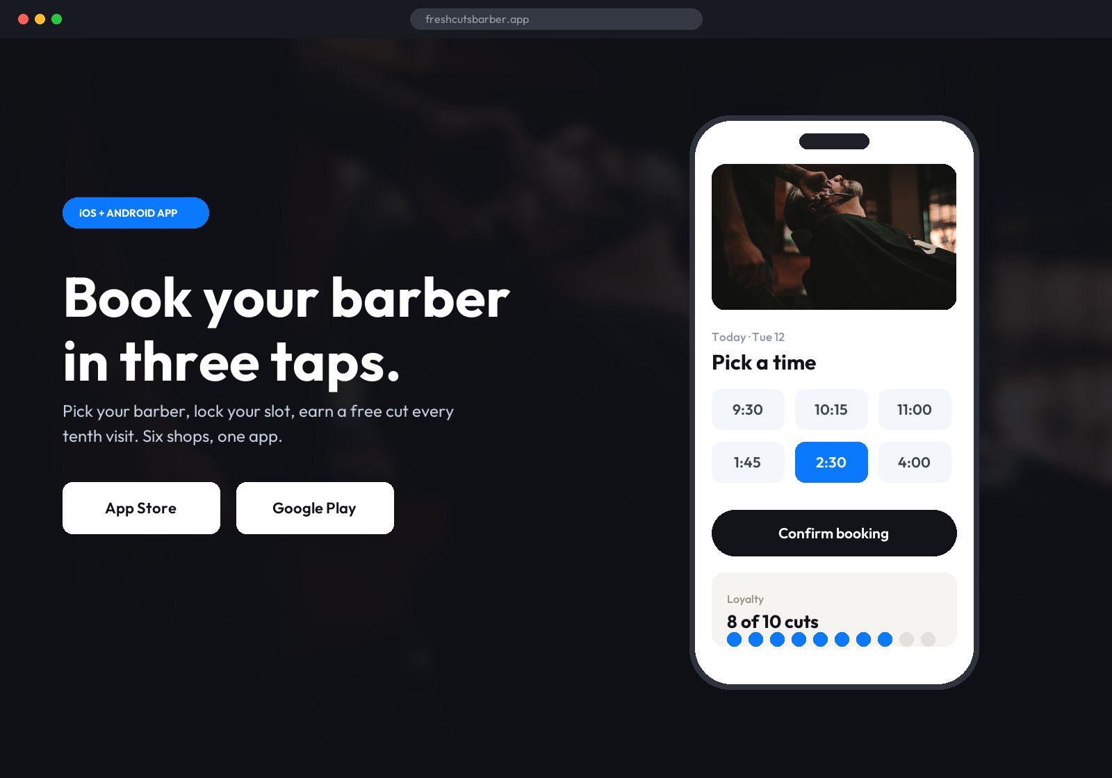 Barbershop booking and loyalty mobile app concept screens